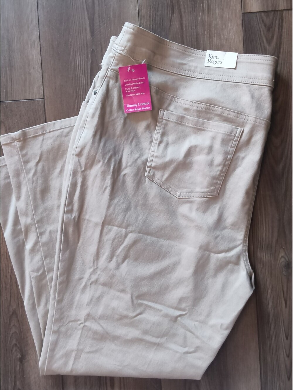 Kim Rogers 22W Beige Cotton Super Stretch Tummy Control Pants Pockets
